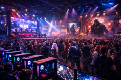 "Vista panorâmica de uma grande convenção de games e cultura pop no Brasil em 2026, destacando arenas de e-sports, telões de LED e público geek."