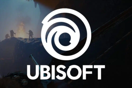 Gráfico de queda das ações da Ubisoft com logo da empresa ao fundo e artes de Assassin's Creed e Prince of Persia em tons escuros, simbolizando a crise de 2026.