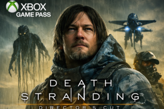 anner de review do jogo Death Stranding Director's Cut apresentando o protagonista Sam Porter Bridges e o selo do Xbox Game Pass.