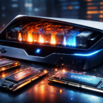 "Conceito artístico de um console de videogame futurista com o logotipo PlayStation, exibindo componentes internos iluminados e módulos de memória RAM em destaque sobre um suporte de vidro, em um cenário de laboratório tecnológico."