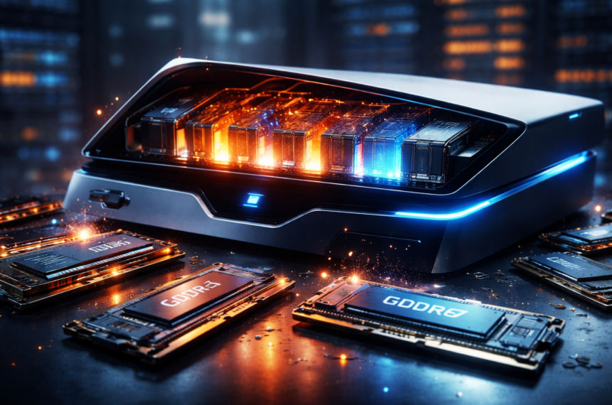 "Conceito artístico de um console de videogame futurista com o logotipo PlayStation, exibindo componentes internos iluminados e módulos de memória RAM em destaque sobre um suporte de vidro, em um cenário de laboratório tecnológico."