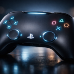 Conceito artístico do controle do PS6 em cor preta com interface touch brilhante e sem botões analógicos físicos, ilustrando a nova patente da Sony.