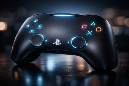 Conceito artístico do controle do PS6 em cor preta com interface touch brilhante e sem botões analógicos físicos, ilustrando a nova patente da Sony.