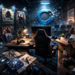 Escritório moderno de desenvolvimento de games vazio e escuro à noite com luzes da cidade ao fundo, simbolizando o fechamento da Bluepoint Games.