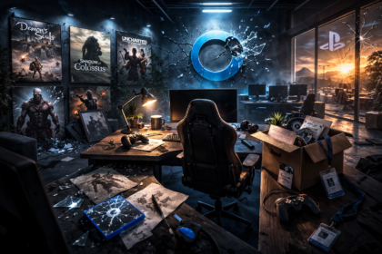 Escritório moderno de desenvolvimento de games vazio e escuro à noite com luzes da cidade ao fundo, simbolizando o fechamento da Bluepoint Games.