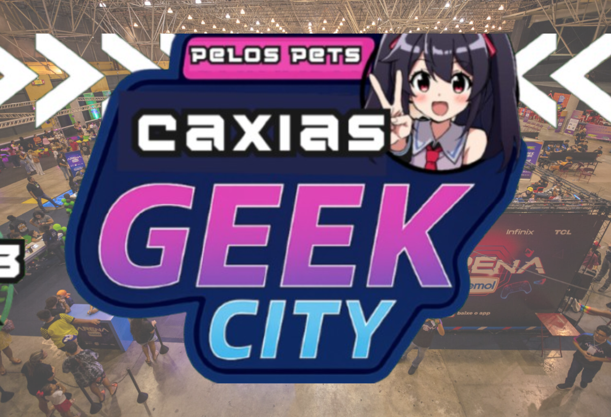 Logo oficial do evento Caxias Geek City – Pelos Pets 2026, com elementos gráficos que remetem à cultura nerd