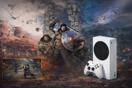 Arte promocional de Crimson Desert com personagens do jogo e um Xbox Series S ao lado, representando a versão do RPG no console da Microsoft.