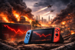 Ilustração digital dramática mostra um console portátil semelhante ao Nintendo Switch em primeiro plano, apoiado sobre solo rachado. Na tela do console aparece um gráfico financeiro em queda, com linhas vermelhas indicando desvalorização em coflitos no oriente medio