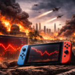 Ilustração digital dramática mostra um console portátil semelhante ao Nintendo Switch em primeiro plano, apoiado sobre solo rachado. Na tela do console aparece um gráfico financeiro em queda, com linhas vermelhas indicando desvalorização em coflitos no oriente medio