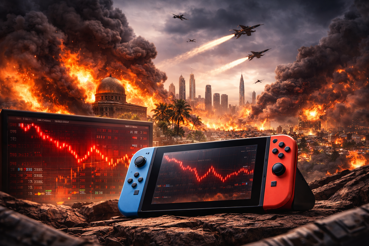 Ilustração digital dramática mostra um console portátil semelhante ao Nintendo Switch em primeiro plano, apoiado sobre solo rachado. Na tela do console aparece um gráfico financeiro em queda, com linhas vermelhas indicando desvalorização em coflitos no oriente medio