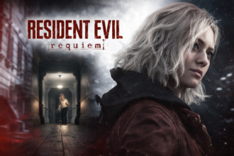 Grace Ashcroft explorando um corredor escuro e decadente em Resident Evil Requiem.