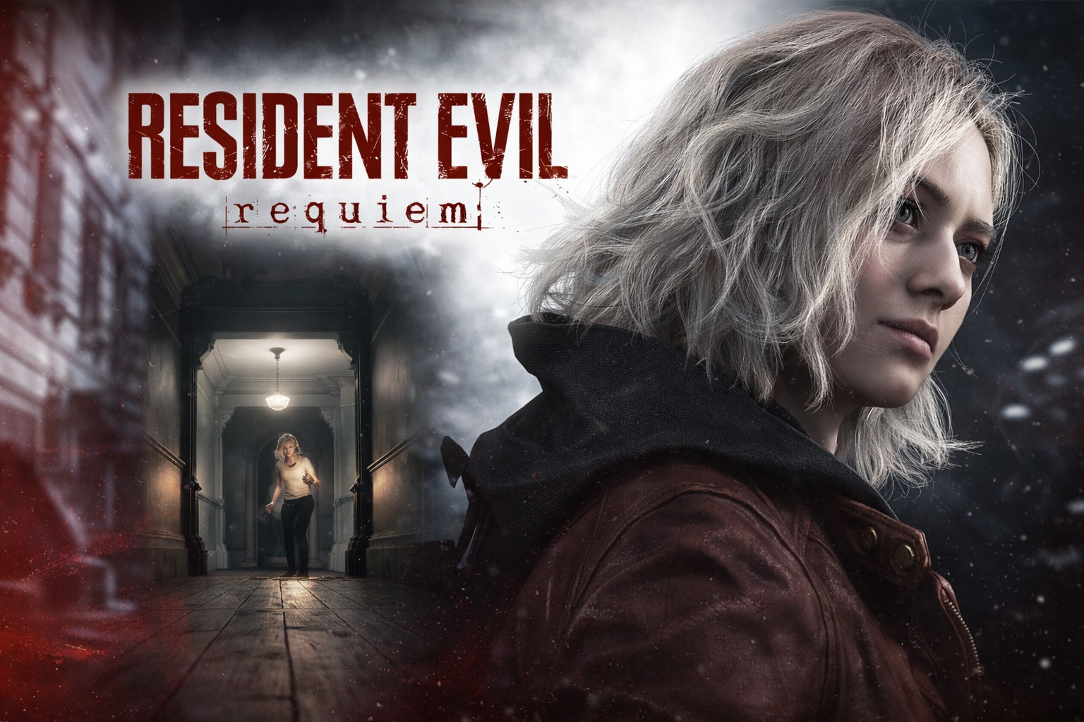 Grace Ashcroft explorando um corredor escuro e decadente em Resident Evil Requiem.