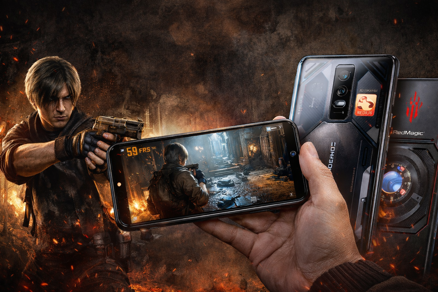 Screenshot do jogo Resident Evil Requiem rodando na tela de um smartphone RedMagic 11 Pro com interface de emulação e contador de FPS.