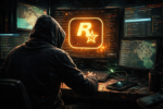 "Logo da Rockstar Games com efeito de interferência digital hacker".