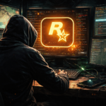 "Logo da Rockstar Games com efeito de interferência digital hacker".