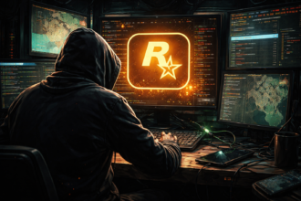 "Logo da Rockstar Games com efeito de interferência digital hacker".