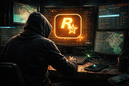 "Logo da Rockstar Games com efeito de interferência digital hacker".